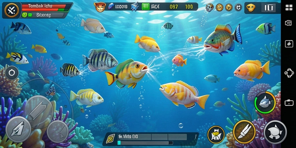 Screenshot menunjukkan aksi seru menembak ikan dalam EOS77.