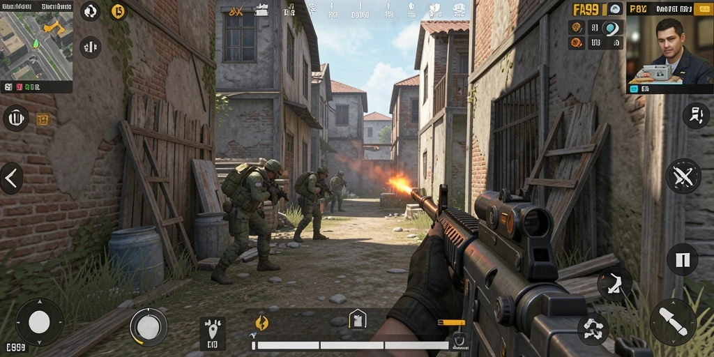 Tangkapan layar dari gameplay FA99 dengan aksi menembak yang intens.