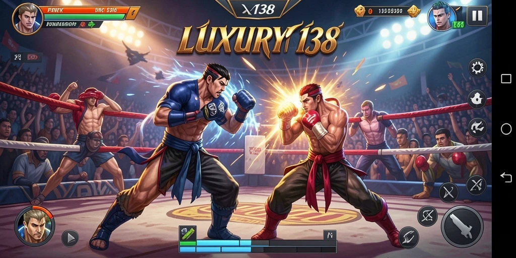 Screenshot gameplay LUXURY138 yang menampilkan pertarungan seru dan karakter unik.