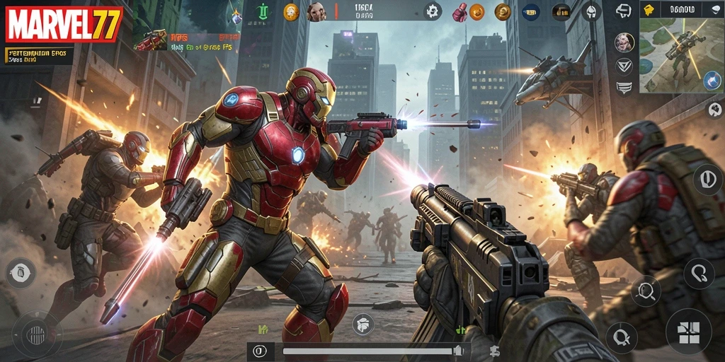 Tampilan gameplay menegangkan di <strong>MARVEL77</strong> dengan aksi FPS yang intens.