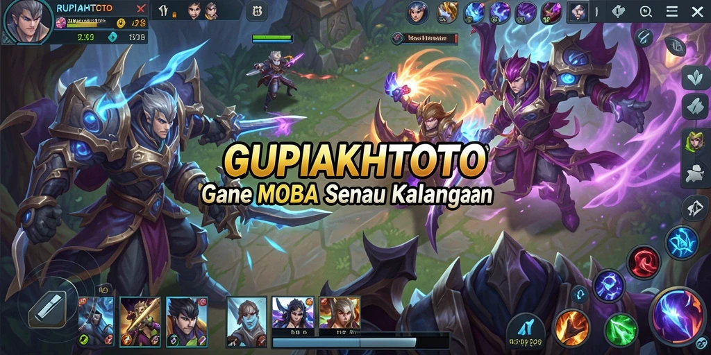 Screenshot epic dari pertempuran di RUPIAHTOTO yang menunjukkan aksi gameplay MOBA.